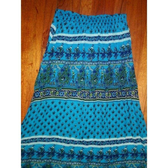 Womens L maxi skirt Cottagecore Peasant modest Boho printed teal blue side slits - Picture 9 of 11